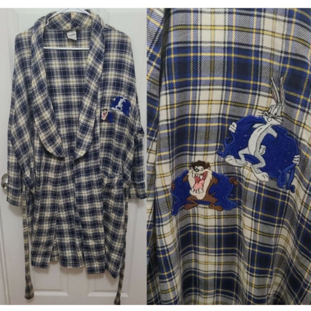 Vtg Warner Bros Studios Store Looney Tunes Plaid Robe Taz & Bugs Bunny Flashing